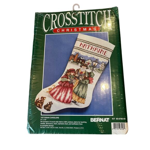 Vtg 1992 Bernat Cross Stitch Christmas Stocking Kit Victorian Carolers 9x16” USA - Picture 3 of 4